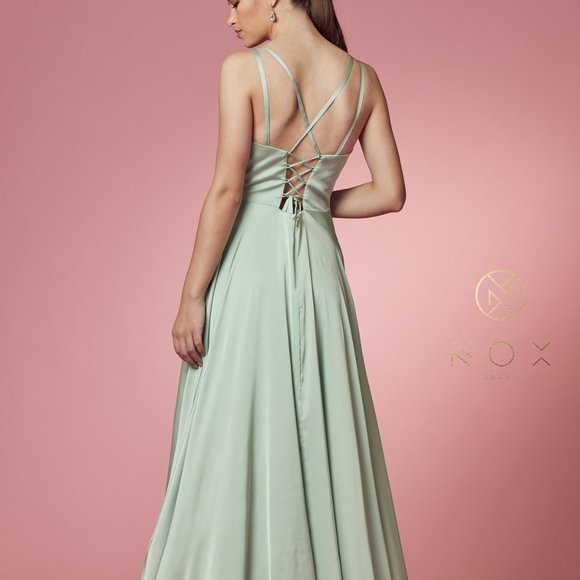 SAGE COLOR SATIN OPEN BACK PROM PARTY A-LINE LONG GOWN DRESS NX1020 - Picture 2 of 7